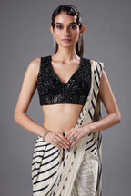 Off White Crepe Silk Printed Readymade Saree with V Neck Sequin Cutdana Work Blouse - white silk saree