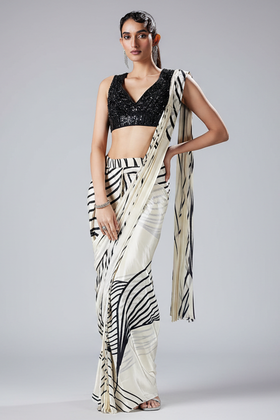 Off White Crepe Silk Printed Readymade Saree with V Neck Sequin Cutdana Work Blouse - white silk saree