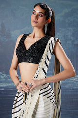 Off White Crepe Silk Printed Readymade Saree with V Neck Sequin Cutdana Work Blouse