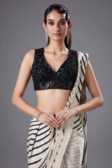 Off White Crepe Silk Printed Readymade Saree with V Neck Sequin Cutdana Work Blouse