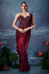 Maroon Crush Glass Tissue Readymade Saree with Beaded and Cutdana Work Corset