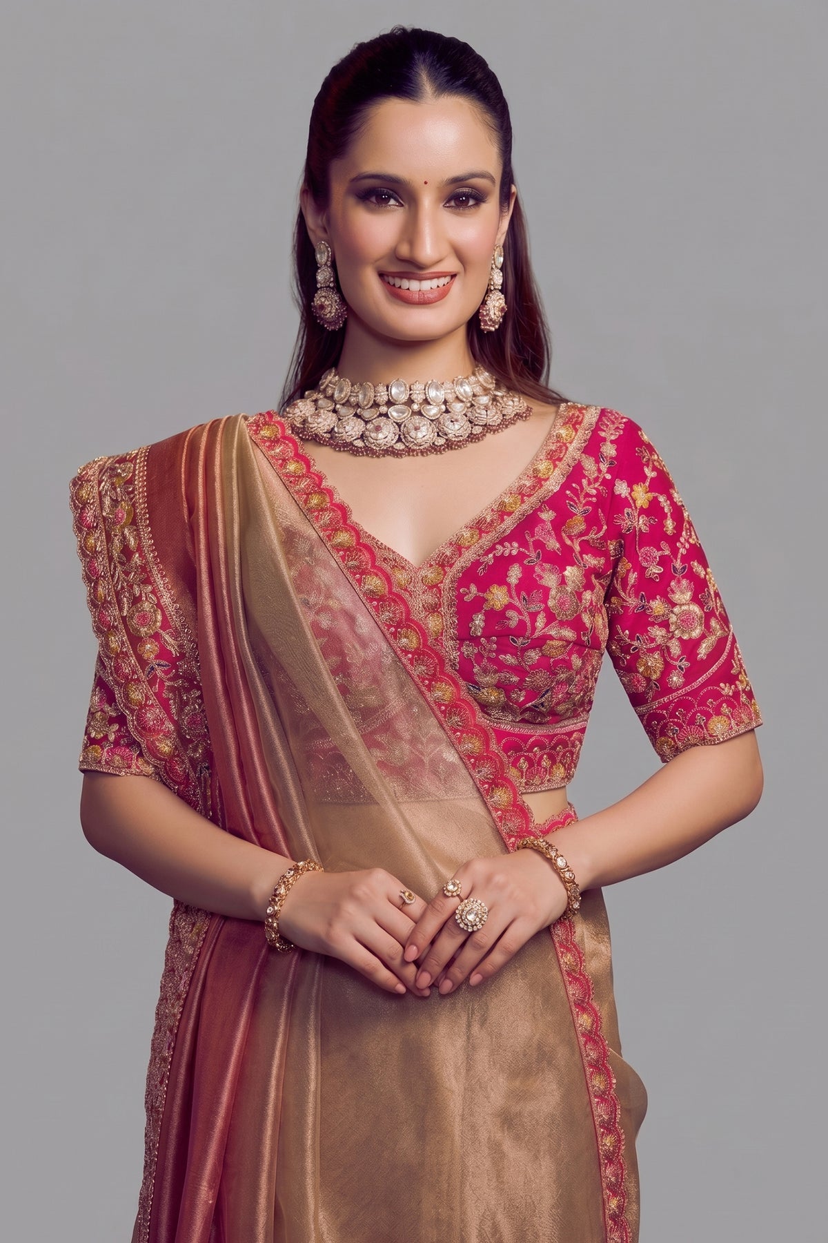 Rose Golden Shaded Tissue Silk Plain Saree with Embroidered Border
