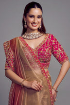 Rose Golden Shaded Tissue Silk Plain Saree with Embroidered Border - red silk saree embroidered