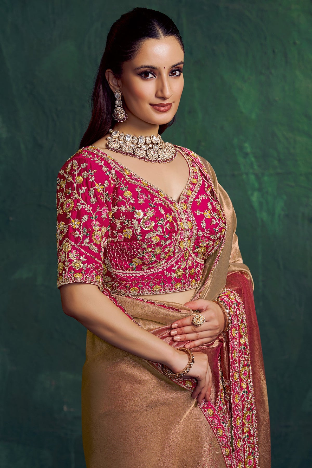 Rose Golden Shaded Tissue Silk Plain Saree with Embroidered Border - red silk saree embroidered