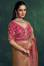 Rose Golden Shaded Tissue Silk Plain Saree with Embroidered Border - red silk saree embroidered