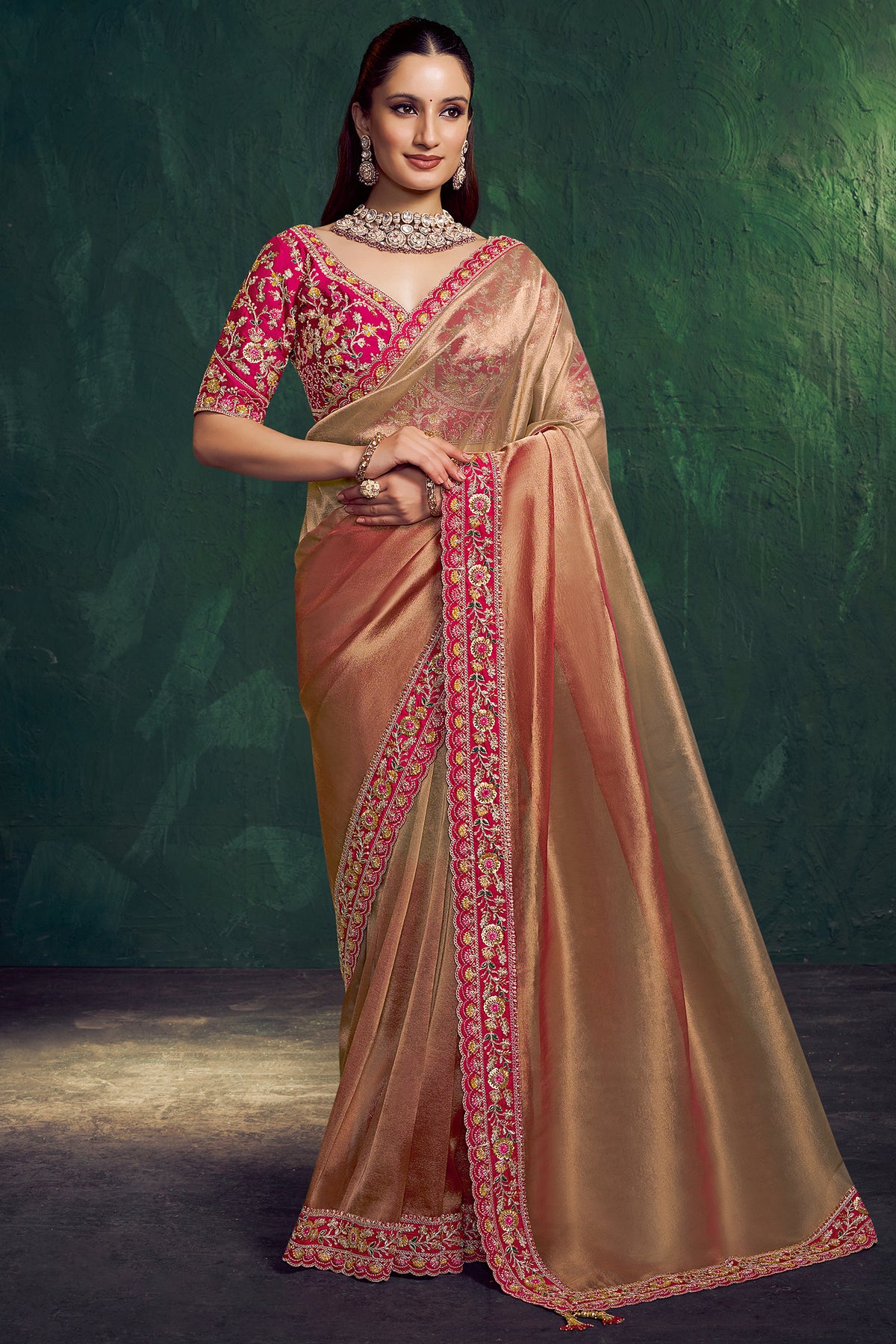 Rose Golden Shaded Tissue Silk Plain Saree with Embroidered Border - red silk saree embroidered
