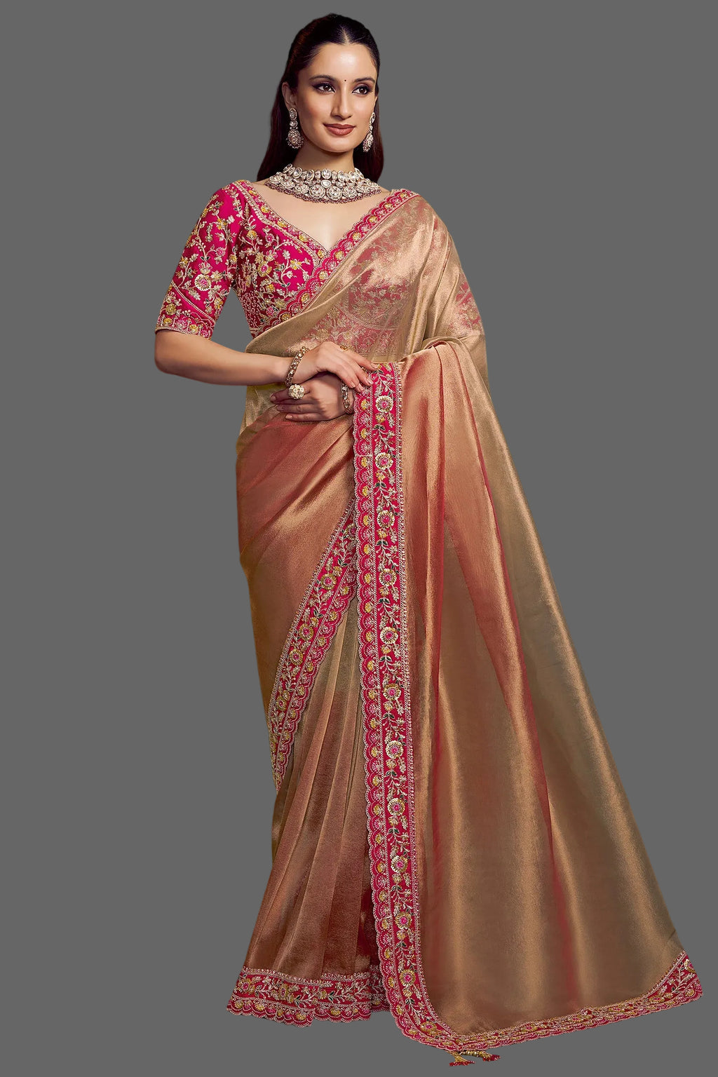 Rose Golden Shaded Tissue Silk Plain Saree with Embroidered Border - red silk saree embroidered