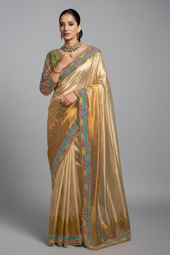 Golden Shaded Tissue Silk Plain Saree with Embroidered Border - red silk saree embroidered Main image