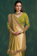 Green and Golden Shaded Tissue Silk Plain Saree with Embroidered Border