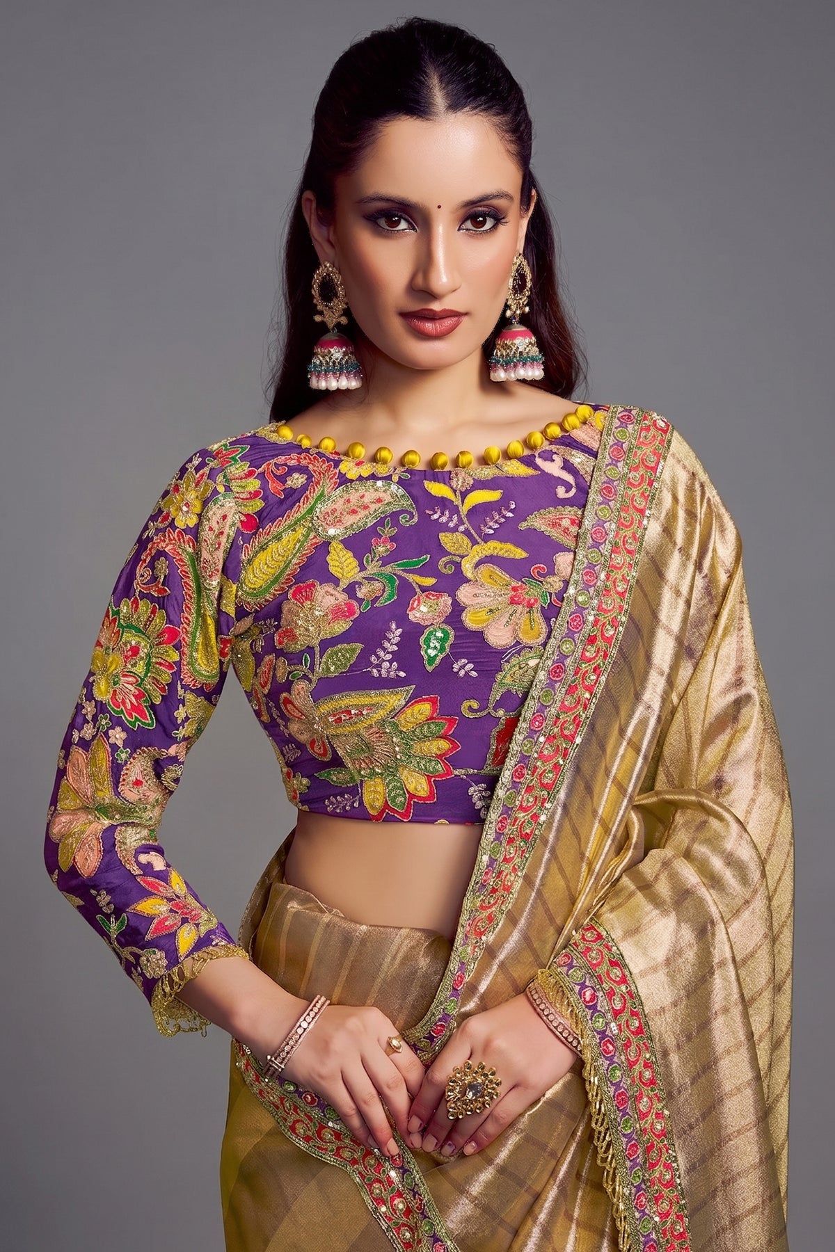 Golden Shaded Tissue Silk Saree with Embroidered Border - red silk saree embroidered