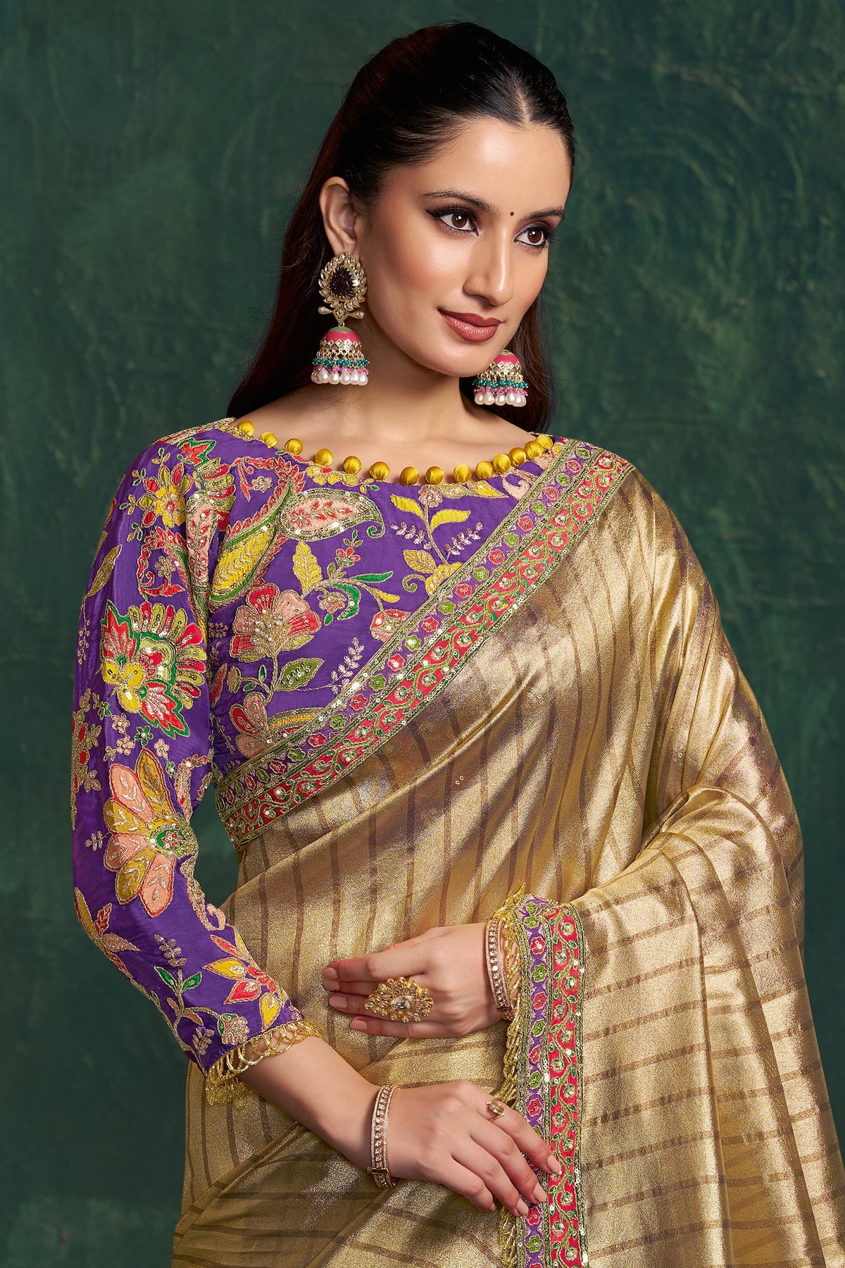 Golden Shaded Tissue Silk Saree with Embroidered Border - red silk saree embroidered