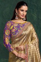 Golden Shaded Tissue Silk Saree with Embroidered Border - red silk saree embroidered
