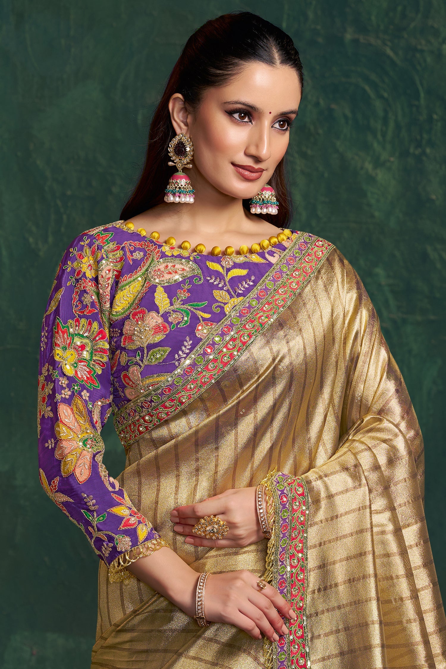 Golden Shaded Tissue Silk Saree with Embroidered Border - red silk saree embroidered