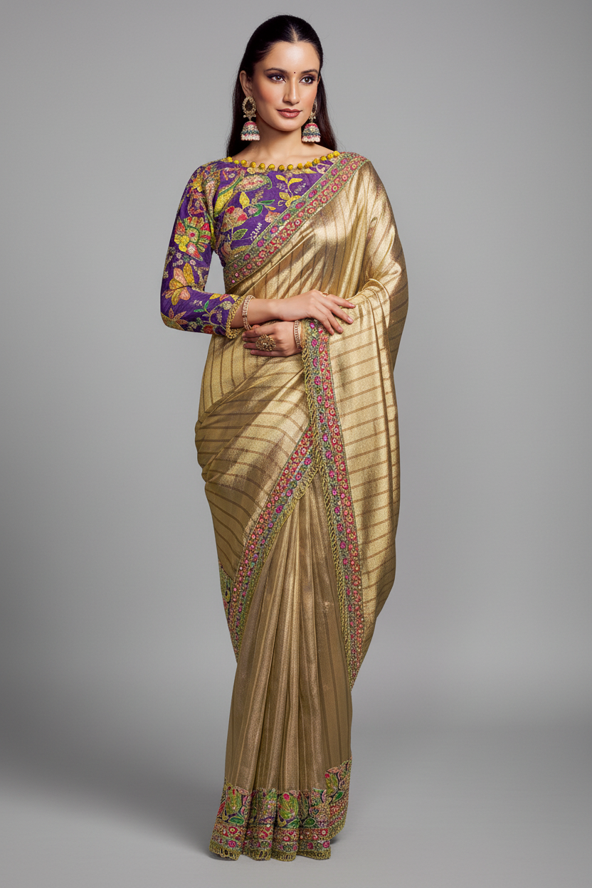 Golden Shaded Tissue Silk Saree with Embroidered Border - red silk saree embroidered Main image