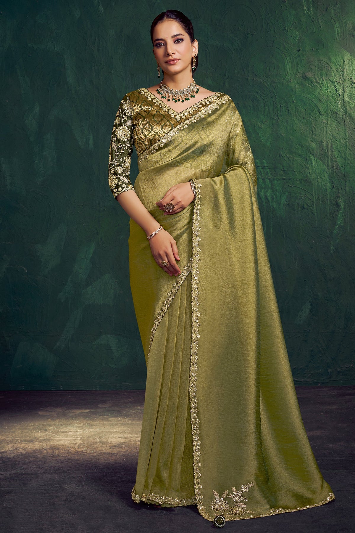 Olive Green Tissue Silk Plain Saree with Embroidered Border