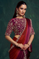 Maroon and Wine Shaded Satin Plain Saree with Embroidered Border