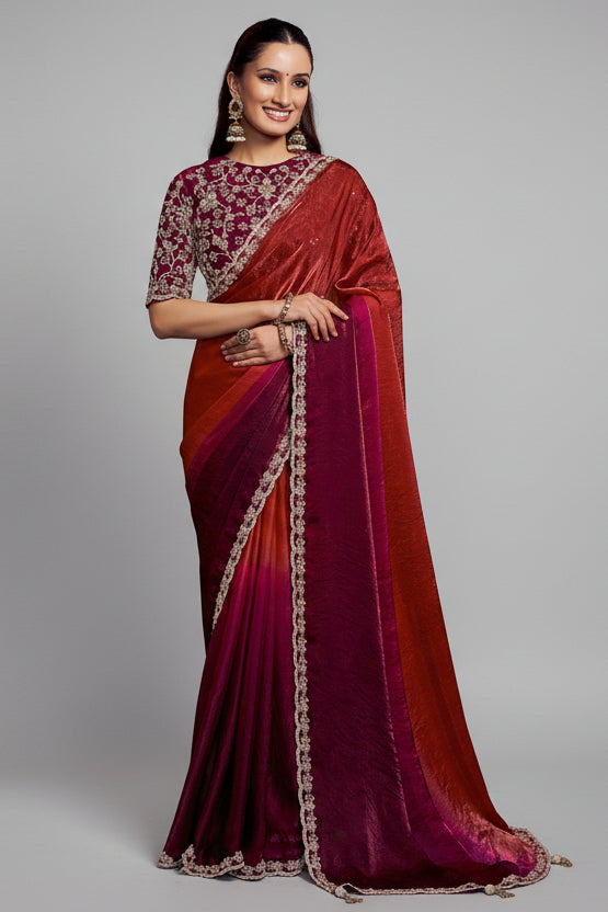 Maroon and Wine Shaded Satin Plain Saree with Embroidered Border