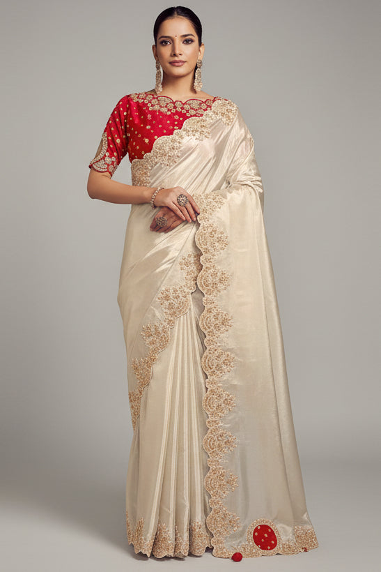 Ivory White Uppada Silk Plain Saree with Sequin Worked Border