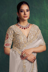 Ivory White Uppada Silk Plain Saree with Lace Work