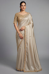 Ivory White Uppada Silk Plain Saree with Lace Work