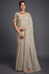 Ivory White Uppada Silk Plain Saree with Lace Work