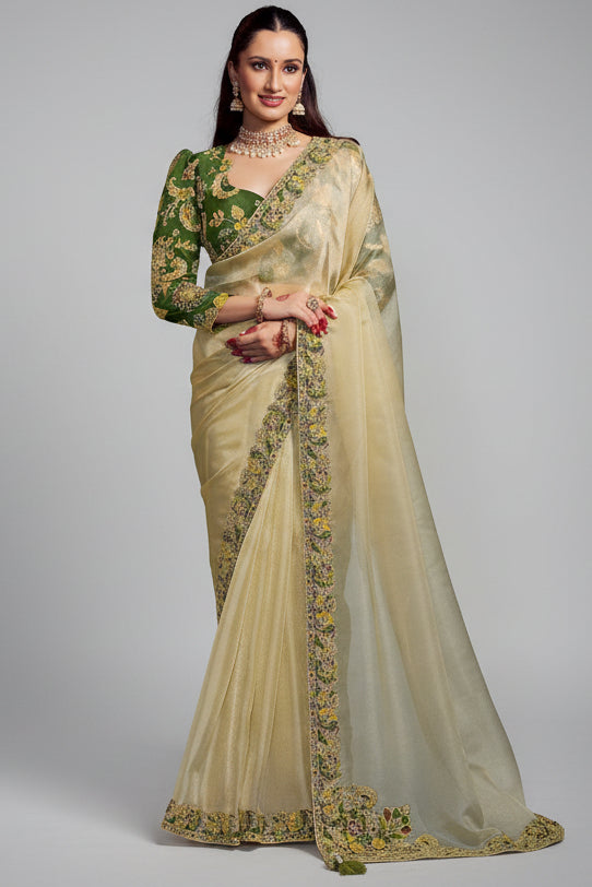 Lemon Yellow Tissue Silk Plain Saree with Embroidered Border