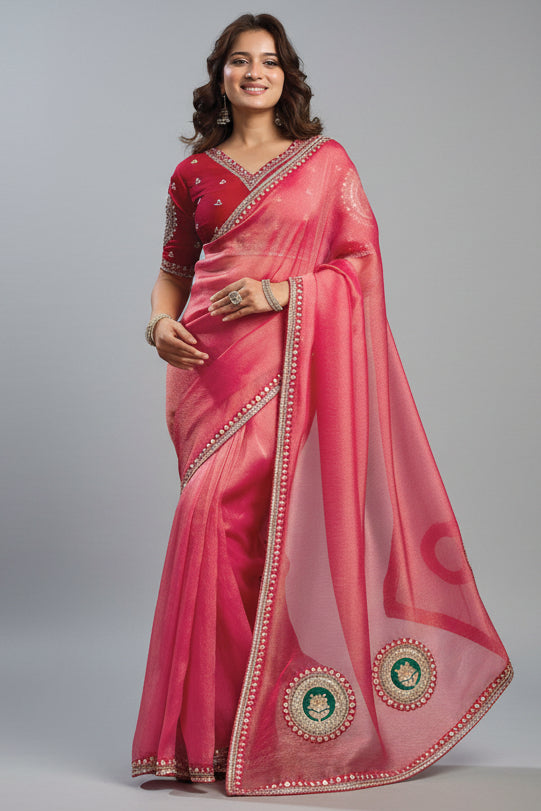 Light Pink Organza Silk Saree with Sequin Embroidery Work