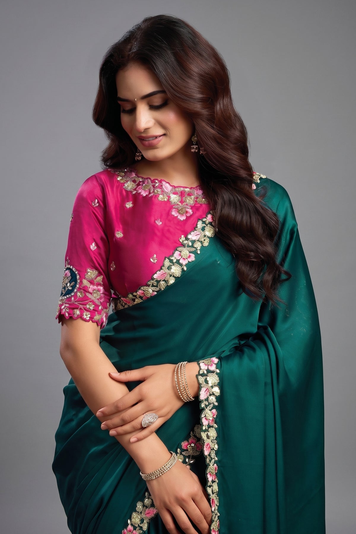 Peacock Green Satin Silk Plain Saree with Embroidered Border - red silk saree embroidered