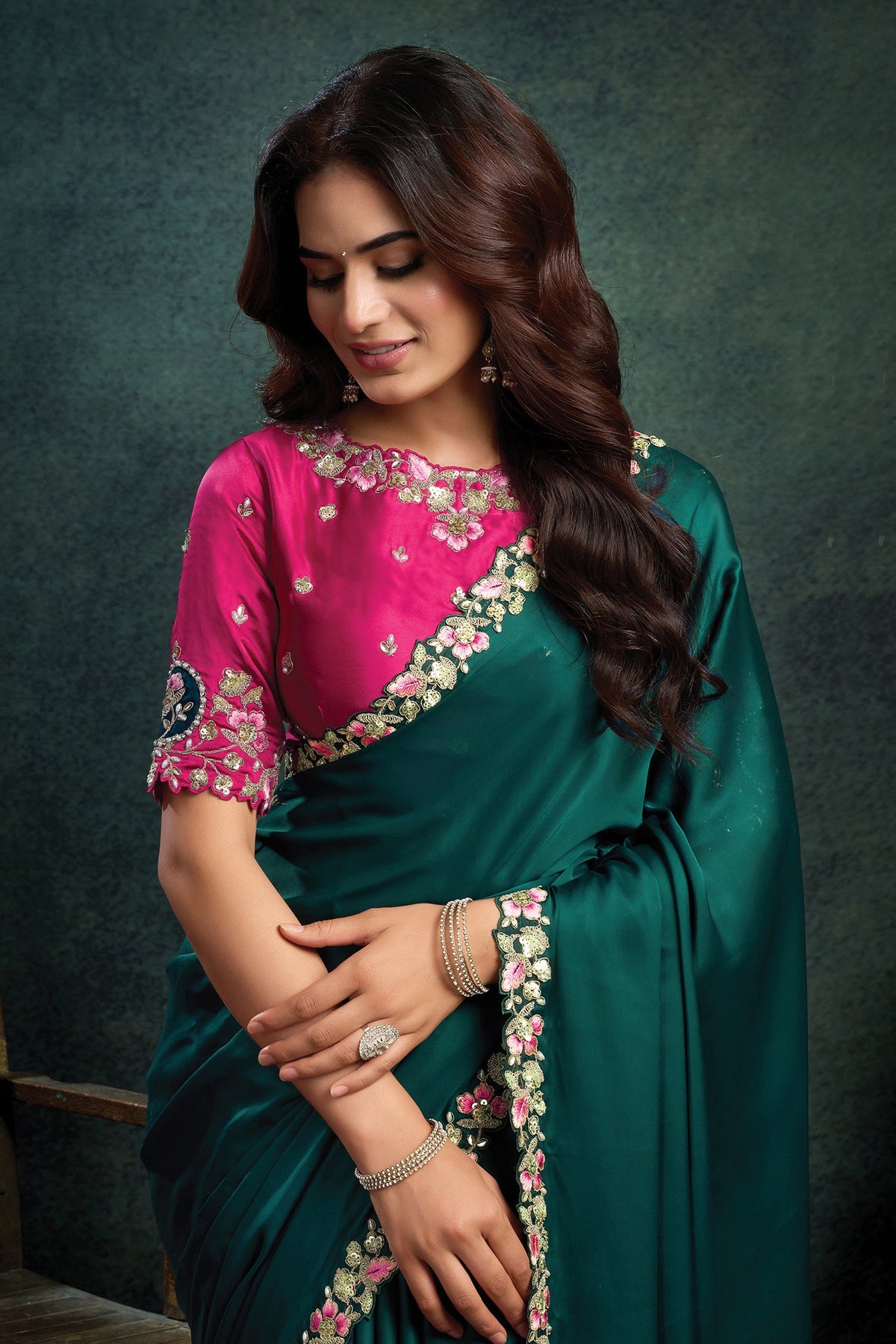 Peacock Green Satin Silk Plain Saree with Embroidered Border - red silk saree embroidered