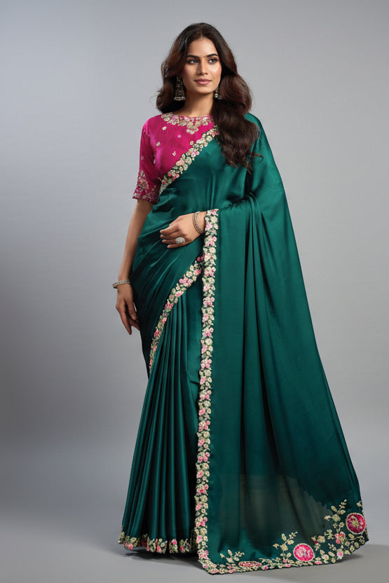 Peacock Green Satin Silk Plain Saree with Embroidered Border - red silk saree embroidered Main image
