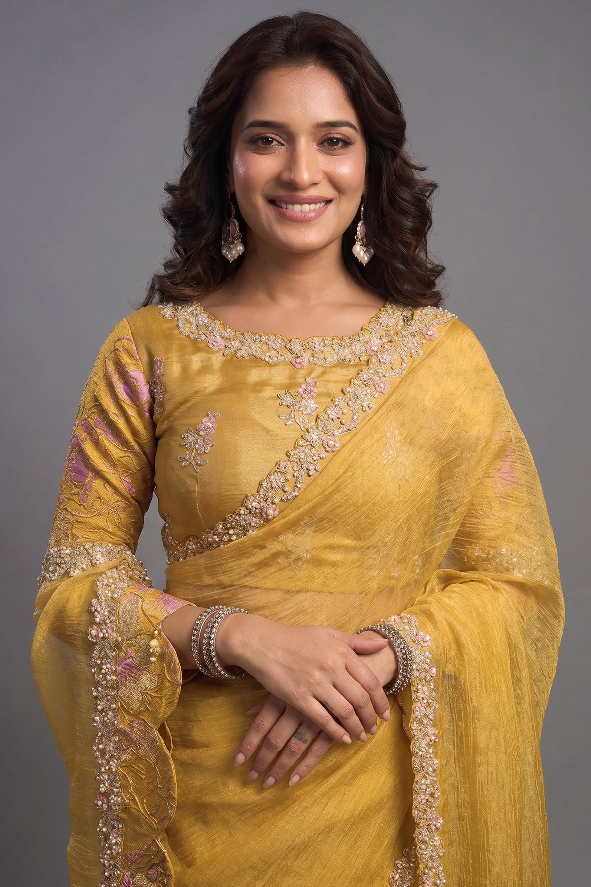 Yellow Organza Silk Saree with Sequin Embroidered Border - red silk saree embroidered