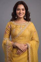 Yellow Organza Silk Saree with Sequin Embroidered Border - red silk saree embroidered