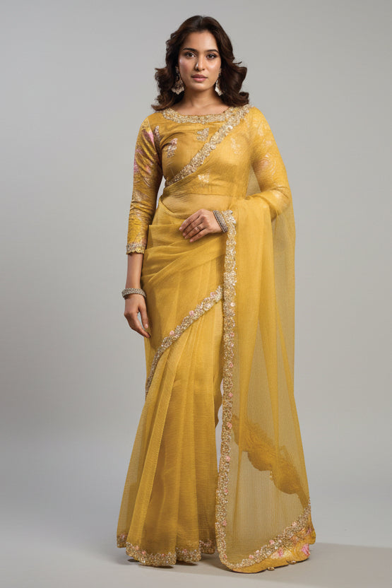 Yellow Organza Silk Saree with Sequin Embroidered Border