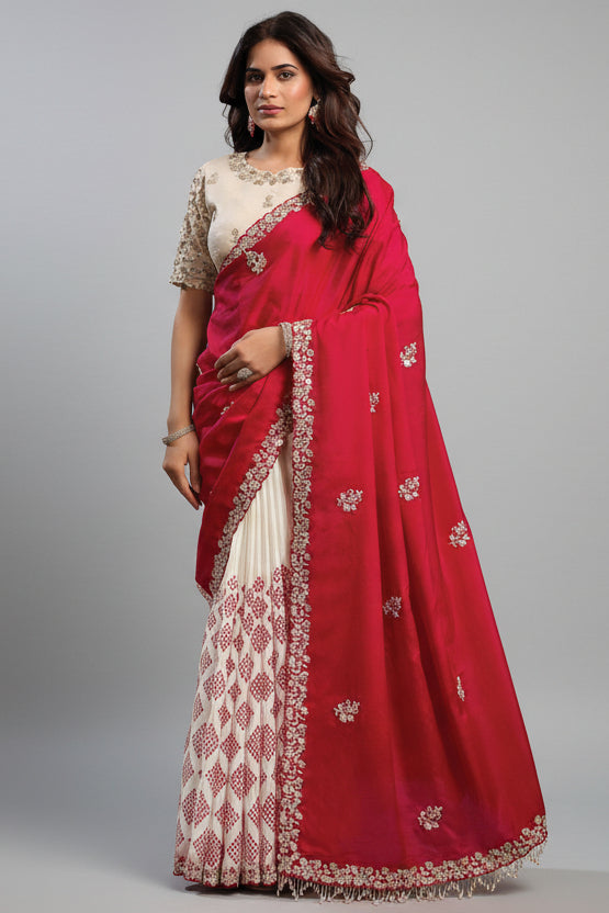 Cream and Red Satin Silk Saree with Sequin Embroidery Work