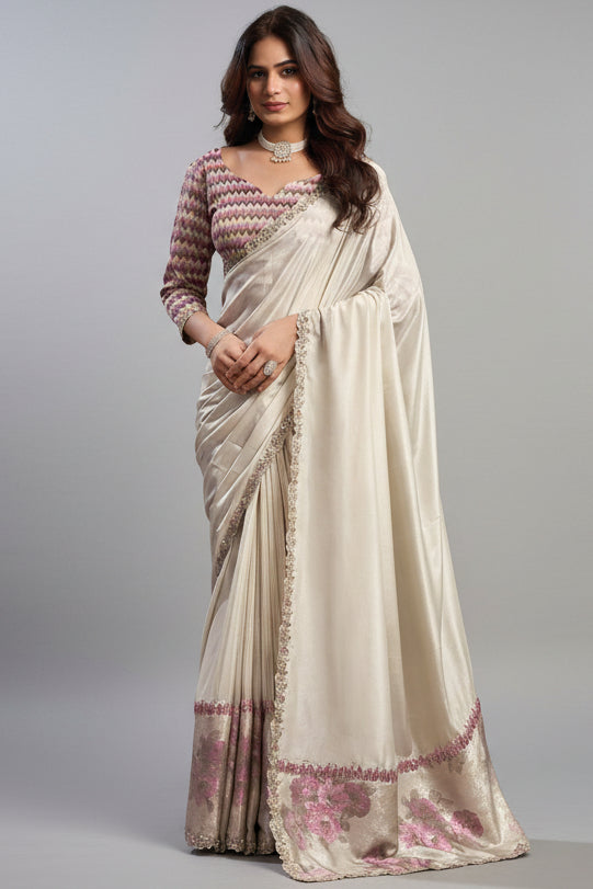 Pearl White Uppada Silk Plain Saree with Lace Work - white silk saree