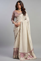 Pearl White Uppada Silk Plain Saree with Lace Work - white silk saree