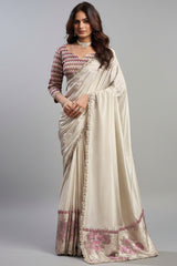 Pearl White Uppada Silk Plain Saree with Lace Work