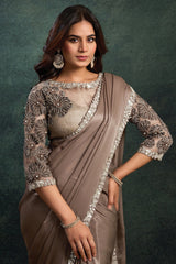 Dark Taupe Satin Silk Plain Saree with Embroidered Border