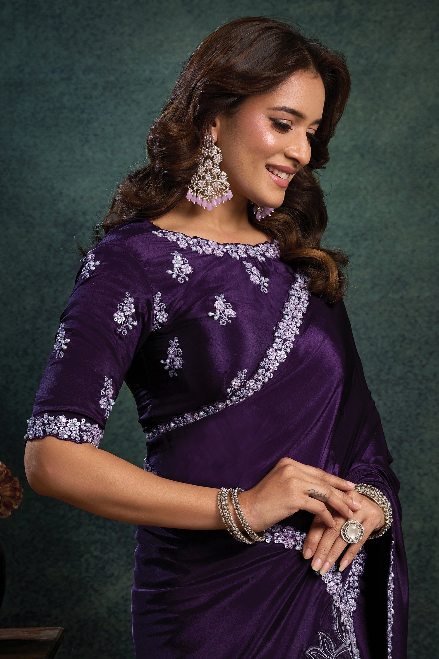Purple Satin Silk Plain Saree with Embroidered Border - red silk saree embroidered