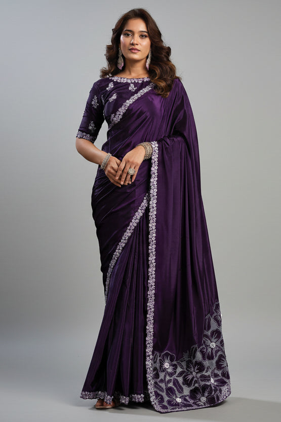 Purple Satin Silk Plain Saree with Embroidered Border - red silk saree embroidered Main image