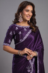 Purple Satin Silk Plain Saree with Embroidered Border