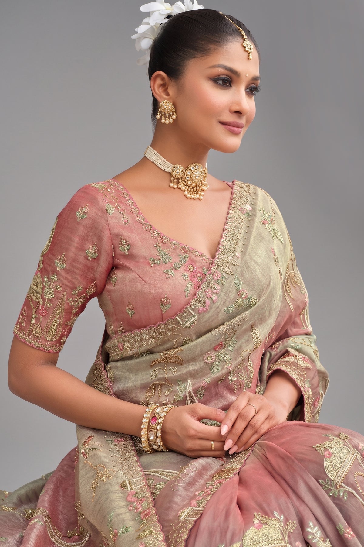 Triple Toned Silk All Over Embroidered Saree - red silk saree embroidered