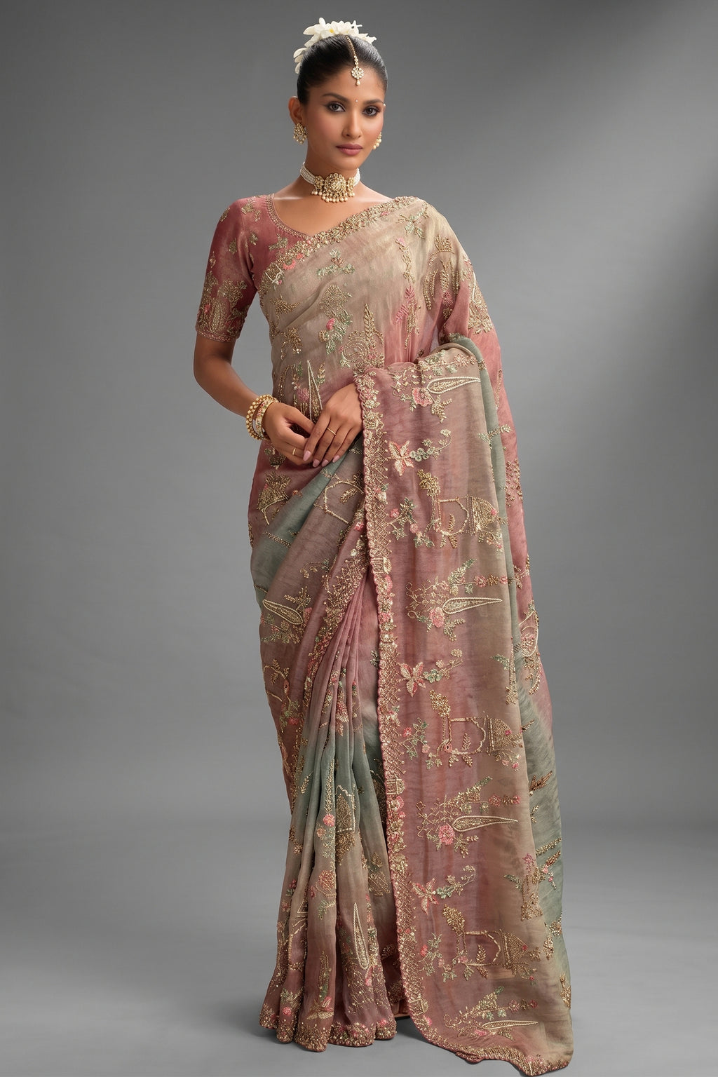 Triple Toned Silk All Over Embroidered Saree - red silk saree embroidered