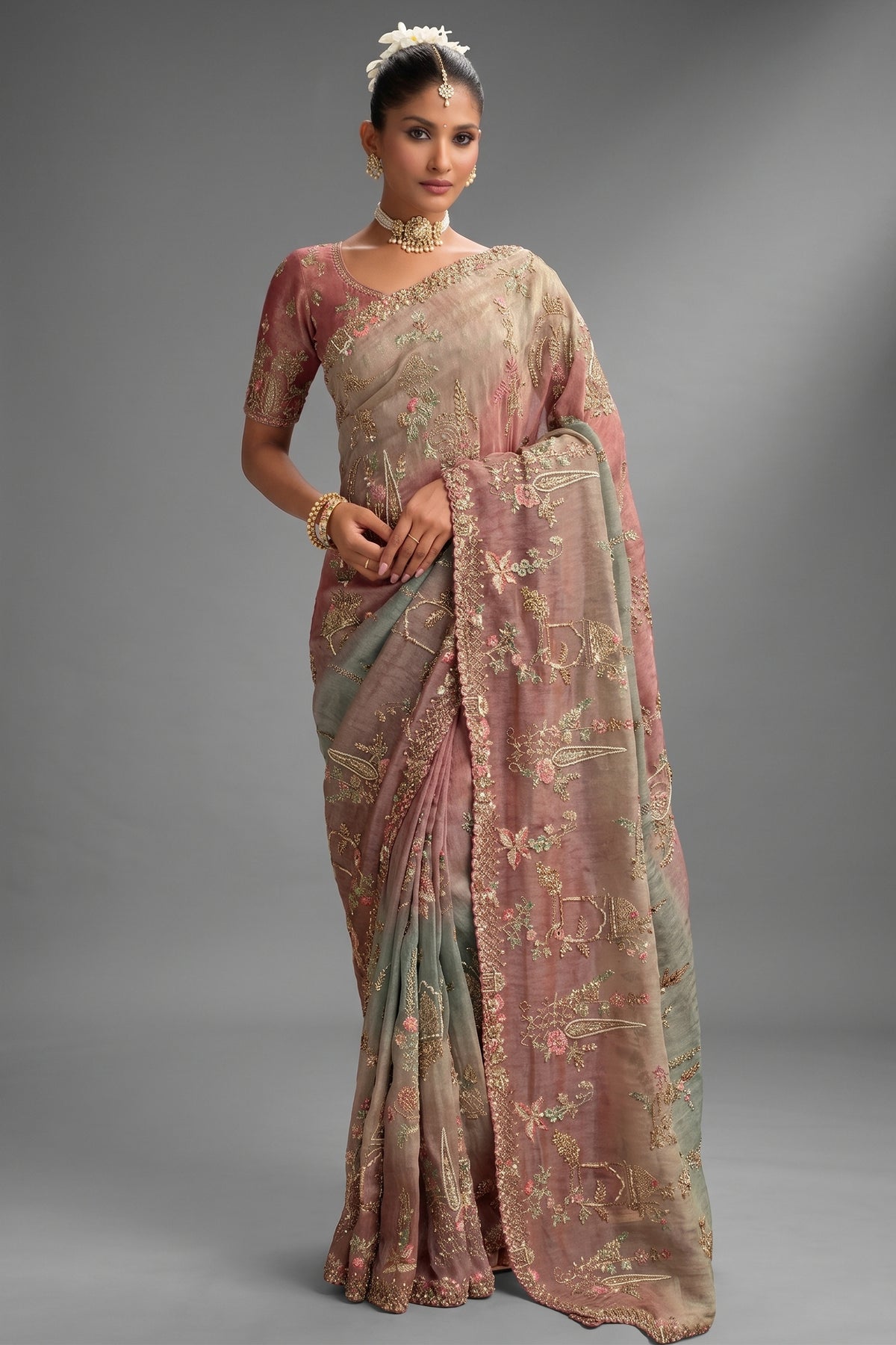 Triple Toned Silk All Over Embroidered Saree