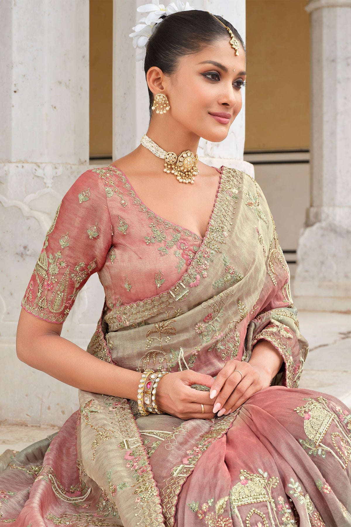 Triple Toned Silk All Over Embroidered Saree - red silk saree embroidered