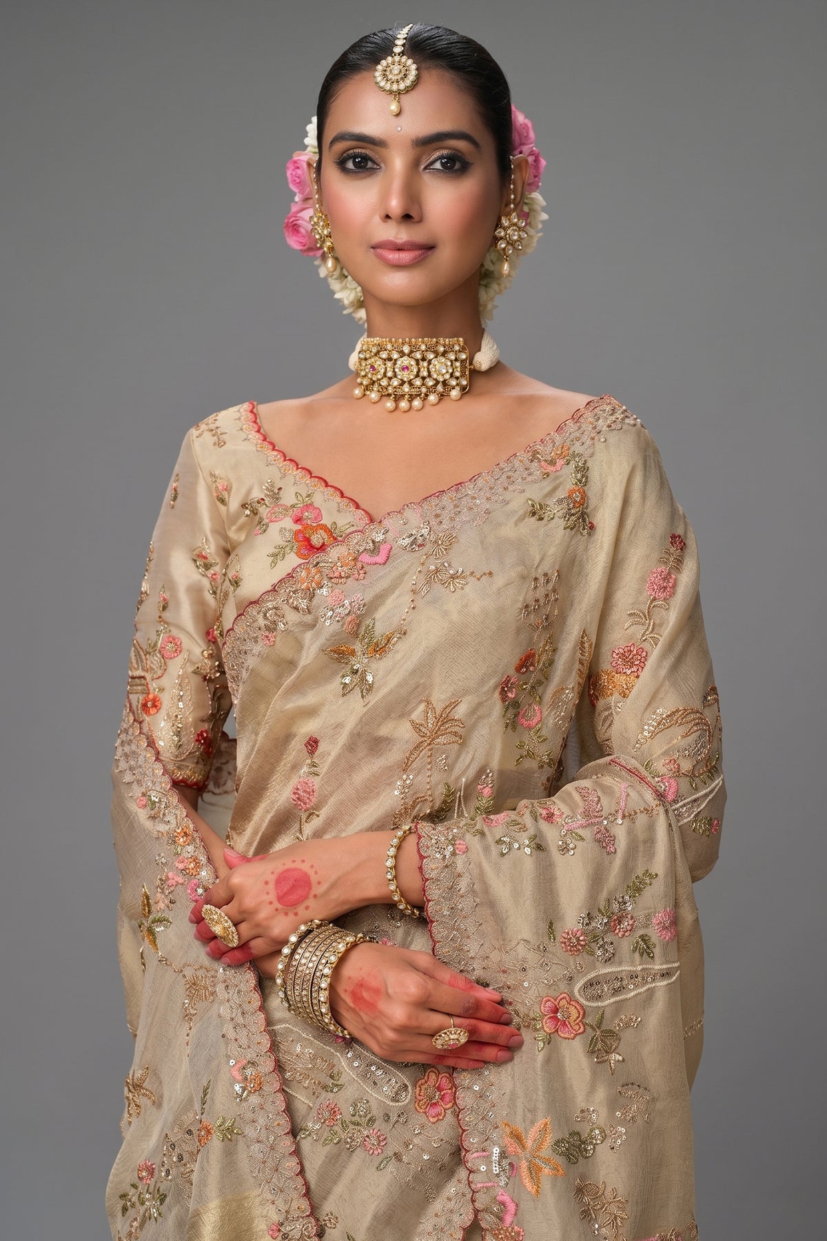 Cream Silk Woven Saree with Embroidery - cream silk saree embroidery