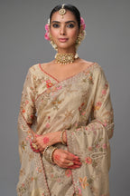 Cream Silk Woven Saree with Embroidery - cream silk saree embroidery