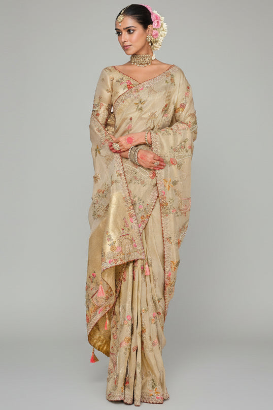 Cream Silk Woven Saree with Embroidery - cream silk saree embroidery Main image