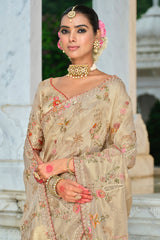 Cream Silk Woven Saree with Embroidery
