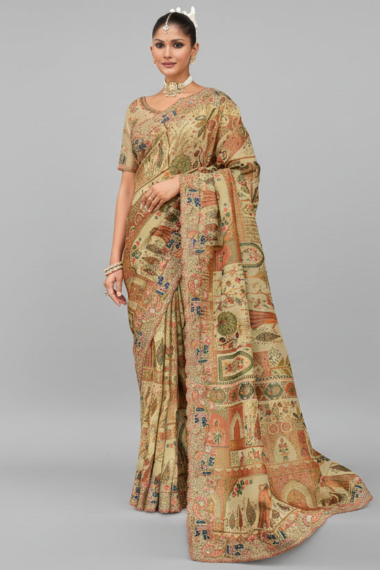 Moss Green Silk Woven Saree with Embroidery - green silk saree embroidery